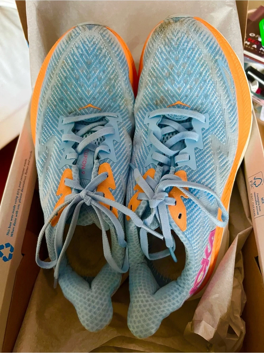 HOKA CLIFTON Pre-Owned Good Light Blue & Orange Size 7.5B